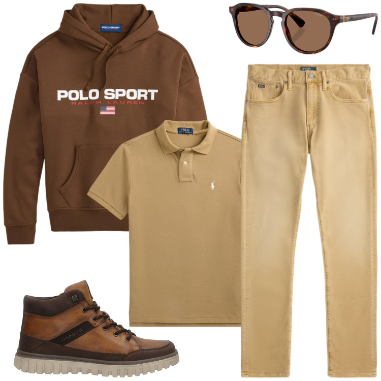 Outfit uomo - Total look #2446548. Stile Casual per Tutti i giorni. Abbinamento con polo, felpe con cappuccio, occhiali da sole, jeans, anfibi.
