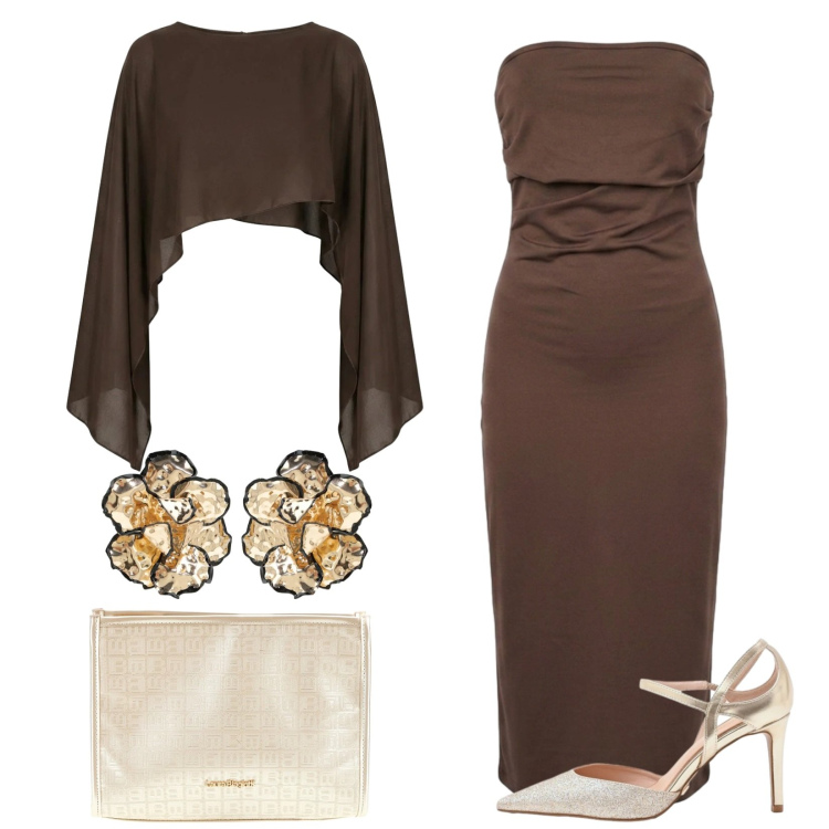 Outfit donna - Total look #2446553. Stile Glamour per Cerimonia. Abbinamento con orecchini, décolleté, top, vestiti midi/longuette, pochette.