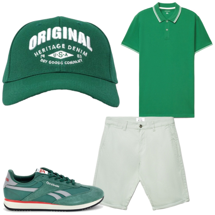 Outfit uomo - Super green. Stile Casual per Tutti i giorni. Abbinamento con cappelli con visiera, shorts, polo, sneakers.