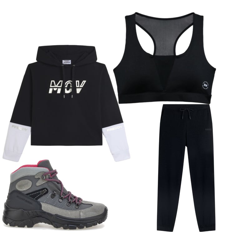 Outfit donna - Al rifugio. Stile Casual per Tutti i giorni. Abbinamento con top sportivi, pantaloni sportivi, felpe con cappuccio, scarpe sportive.