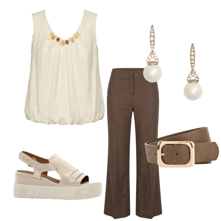 Outfit donna - Total look #2446567. Stile Chic per Ufficio. Abbinamento con sandali, cinture, top, pantaloni, orecchini.