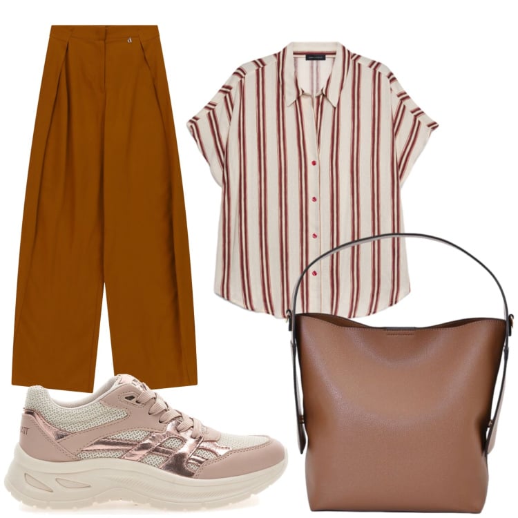 Outfit donna - Total look #2446572. Stile Casual per Tutti i giorni. Abbinamento con pantaloni a palazzo, borse a mano, camicie a manica corta, sneakers.