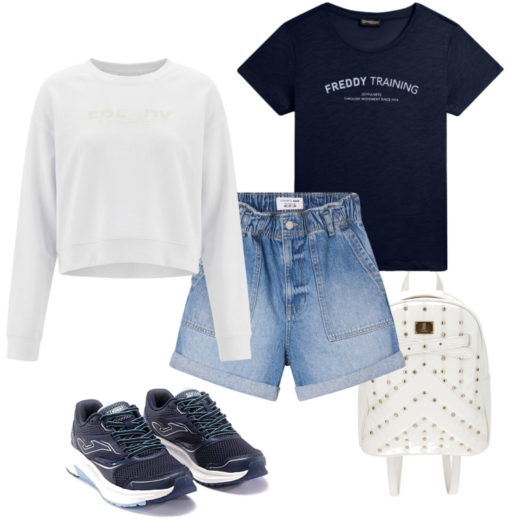 Outfit donna - Vacanze in montagna. Stile Casual per Tutti i giorni. Abbinamento con shorts, felpe, t-shirt, scarpe sportive, zaini.
