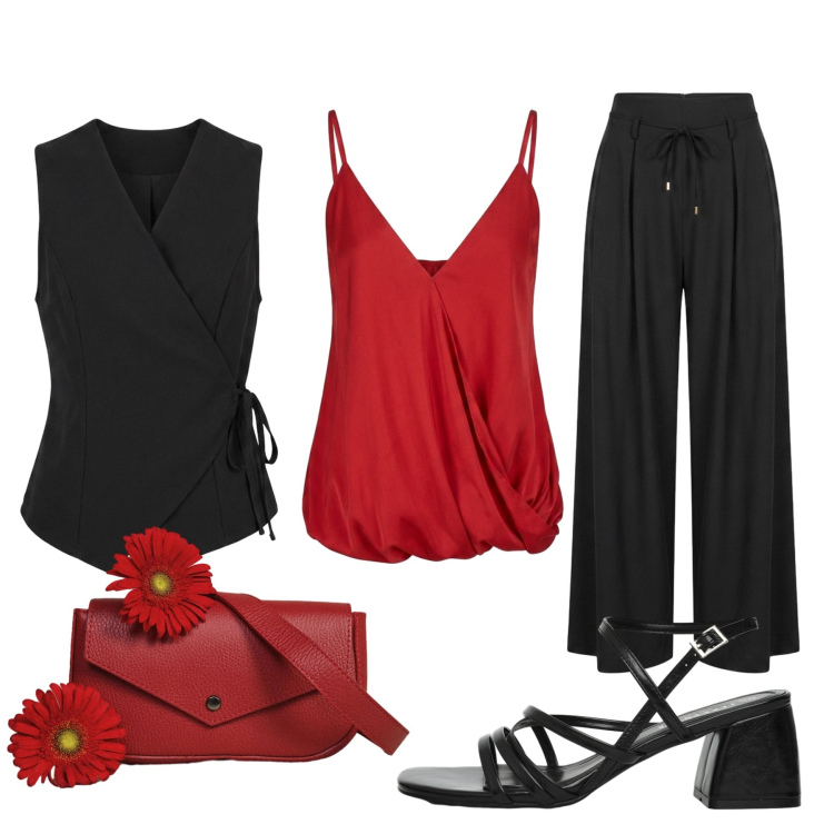 Outfit donna - Total look #2446588. Stile Casual chic per Serata fuori. Abbinamento con sandali col tacco, borse a tracolla, gilet, top, pantaloni a palazzo.