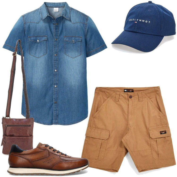 Outfit uomo - Total look #2446592. Stile Trendy per Tutti i giorni. Abbinamento con camicie a manica corta, cappelli con visiera, sneakers, bermuda, portafogli.