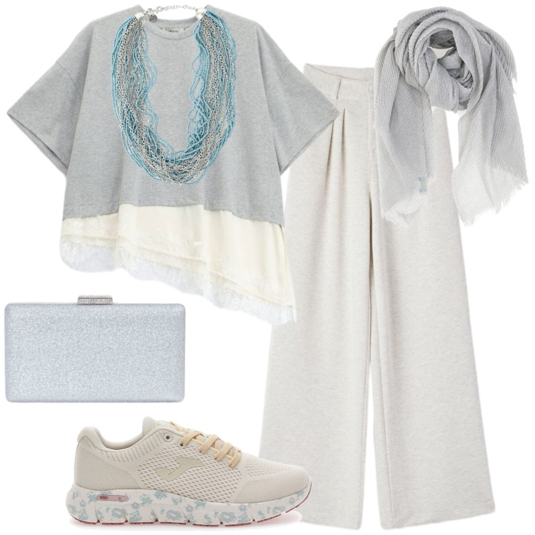 Outfit donna - Ogni occasione. Stile Casual per Tutti i giorni. Abbinamento con t-shirt, collane, pantaloni, clutch, sneakers, foulard.