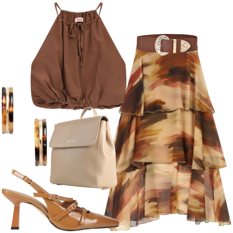 Outfit donna - A balze. Stile Casual per Tutti i giorni. Abbinamento con zaini, décolleté, gonne longuette, top, cinture, orecchini.