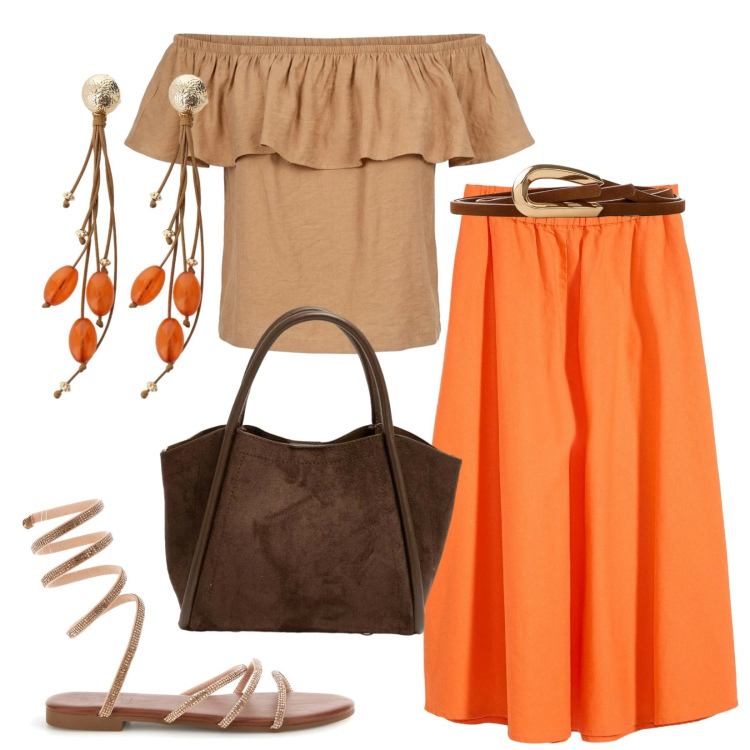 Outfit donna - In città uno stile da vacanza. Stile Boho per Tutti i giorni. Abbinamento con gonne longuette, cinture, orecchini, top, borse a spalla, sandali.