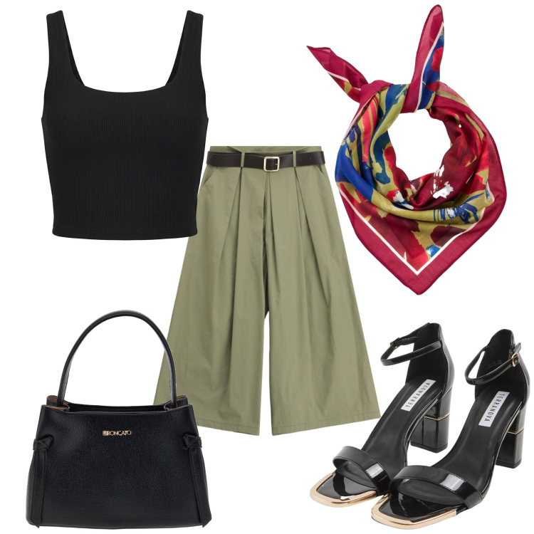 Outfit donna - Leggera. Stile Casual chic per Tutti i giorni. Abbinamento con foulard, pantaloni a palazzo, sabot, borse a tracolla, canottiere.