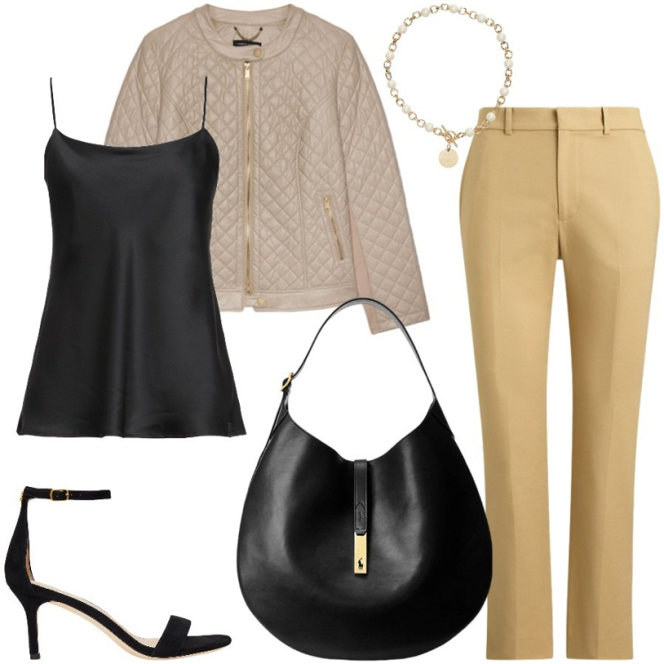 Outfit donna - Total look #2446608. Stile Casual chic per Tutti i giorni. Abbinamento con top, giacche, borse a spalla, collane, sandali in pelle, pantaloni.