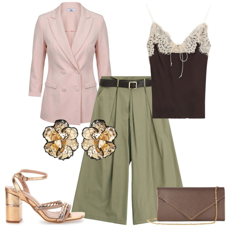 Outfit donna - Total look #2446609. Stile Chic per Serata fuori. Abbinamento con blazer, orecchini, top, pantaloni a palazzo, clutch, sandali col tacco.