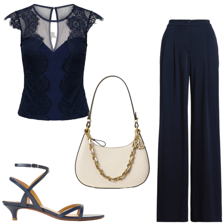 Outfit donna - Cerimonia estiva in completo pantalone. Stile Chic per Cerimonia. Abbinamento con top, pantaloni, borse a spalla, sandali col tacco.
