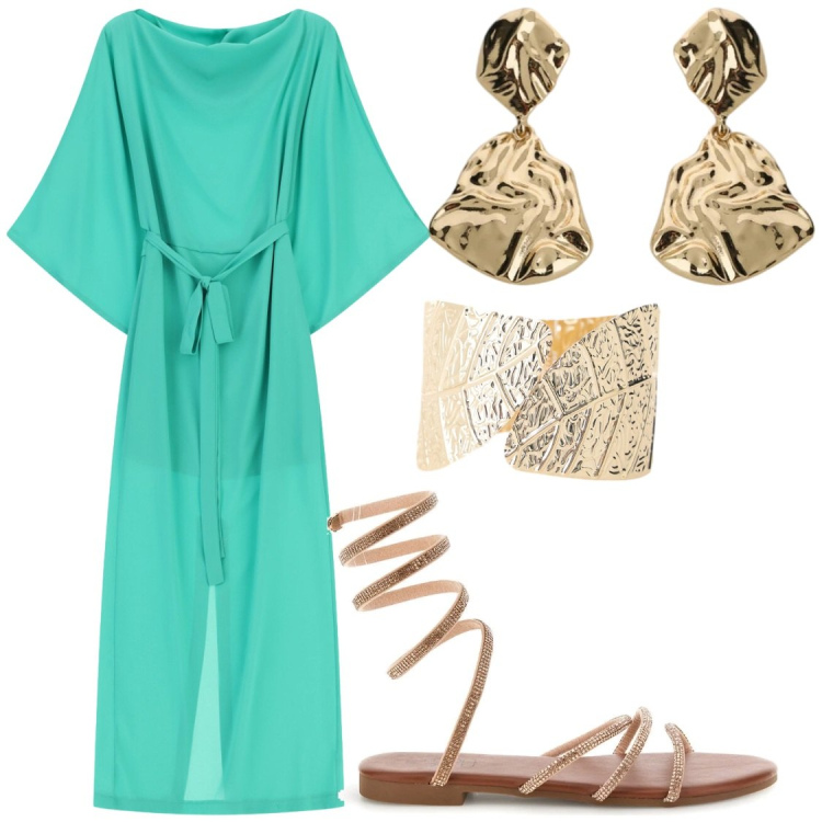 Outfit donna - Fragranze estive. Stile Glamour per Serata fuori. Abbinamento con orecchini, braccialetti, vestiti lunghi, sandali.
