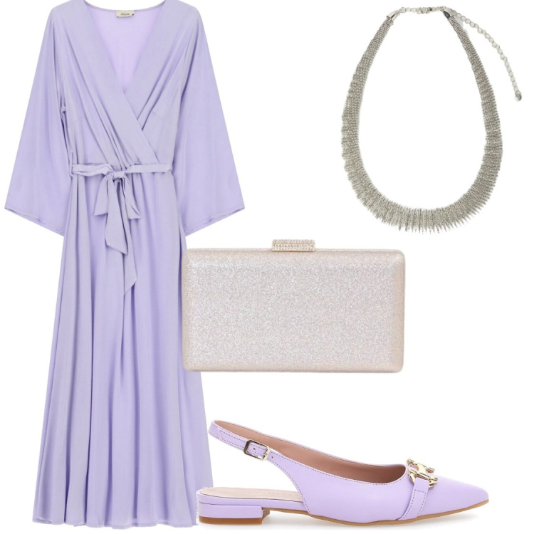 Outfit donna - Eventi#scelgo il lilla. Stile Chic per Cerimonia. Abbinamento con vestiti midi/longuette, clutch, collane, ballerine.
