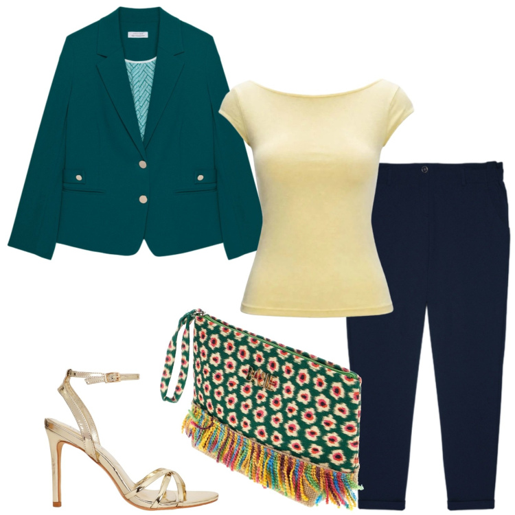 Outfit donna - Total look #2446635. Stile Chic per Serata fuori. Abbinamento con sandali col tacco, top, pantaloni, blazer, pochette.