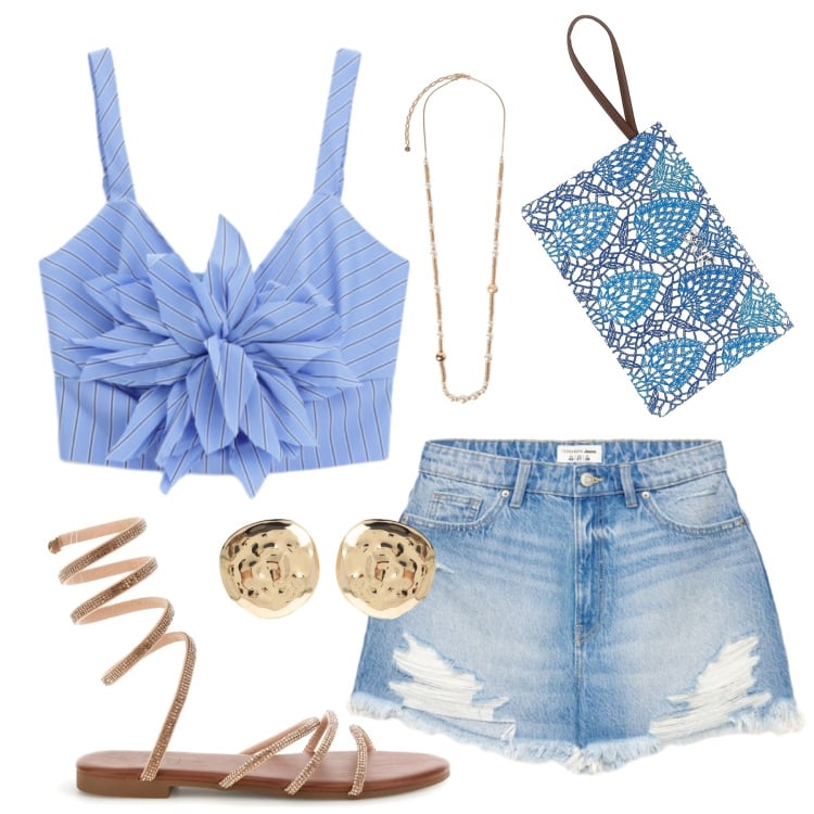 Outfit donna - Easy cool. Stile Casual chic per Tutti i giorni. Abbinamento con shorts, top, orecchini, collane, sandali, pochette.