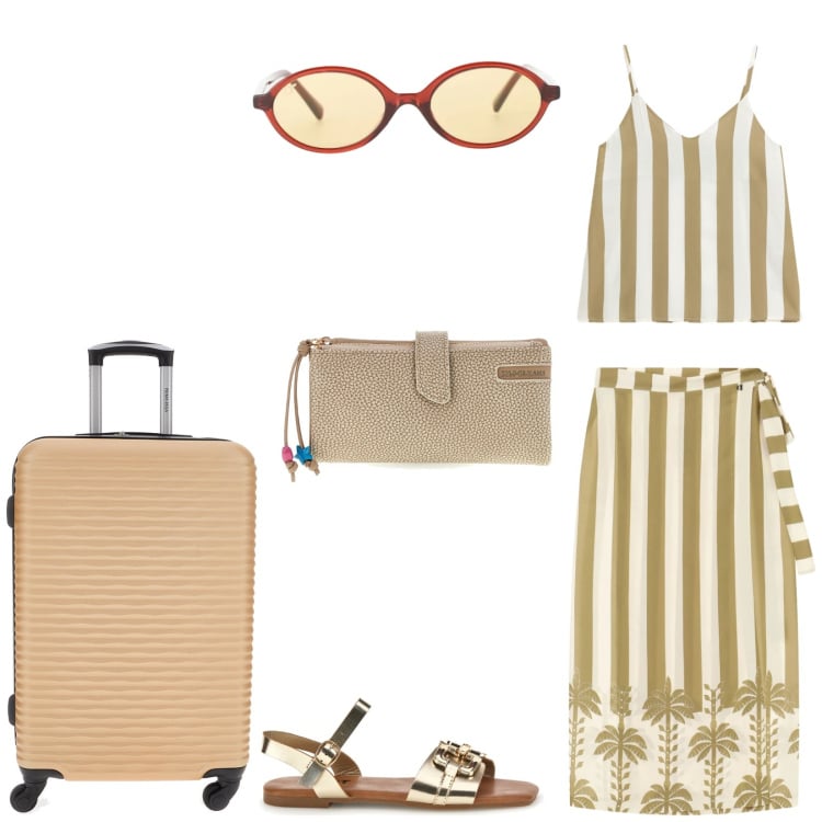 Outfit donna - Total look #2446661. Stile Casual chic per Tutti i giorni. Abbinamento con gonne lunghe, top, occhiali da sole, valigie, portafogli, sandali.
