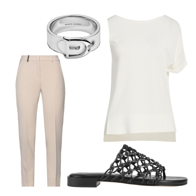 Outfit donna - Ufficio agosto. Stile Urban per Ufficio. Abbinamento con ciabatte, pantaloni, pullovers, anelli.