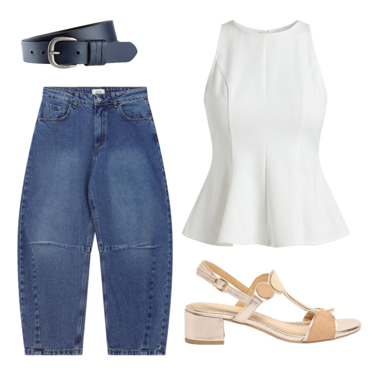 Outfit donna - Jeans basic. Stile Basic per Tutti i giorni. Abbinamento con cinture, sandali col tacco, jeans, canottiere.