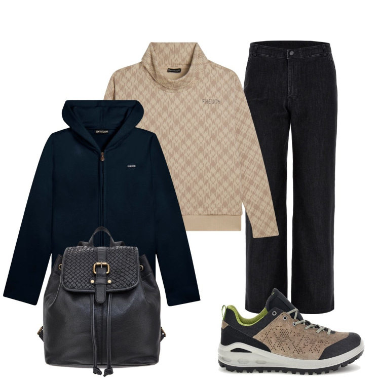 Outfit donna - Alpine Altitude. Stile Casual per Tutti i giorni. Abbinamento con felpe, jeans, felpe con cappuccio, scarpe sportive, zaini.