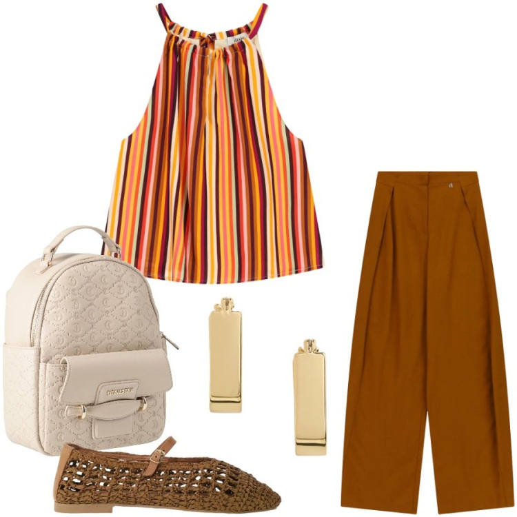 Outfit donna - Total look #2446671. Stile Casual chic per Tutti i giorni. Abbinamento con zaini, ballerine, top, pantaloni a palazzo, orecchini.