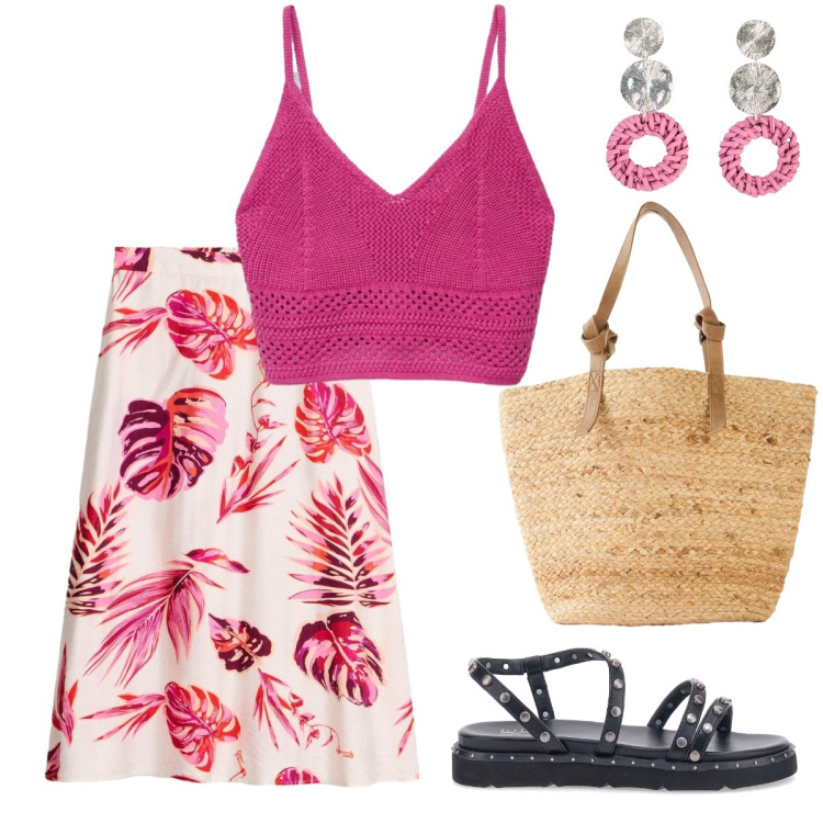 Outfit donna - L’estate è colore. Stile Basic per Tutti i giorni. Abbinamento con shopping bag, orecchini, gonne longuette, top, sandali.