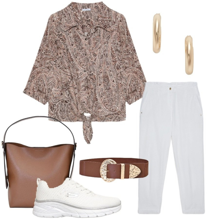 Outfit donna - Total look #2446675. Stile Casual chic per Tutti i giorni. Abbinamento con borse a mano, cinture, camicie, pantaloni, orecchini, sneakers.