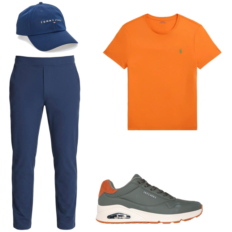 Outfit uomo - Are we go!. Stile Casual per Tutti i giorni. Abbinamento con t-shirt, cappelli con visiera, pantaloni, sneakers.