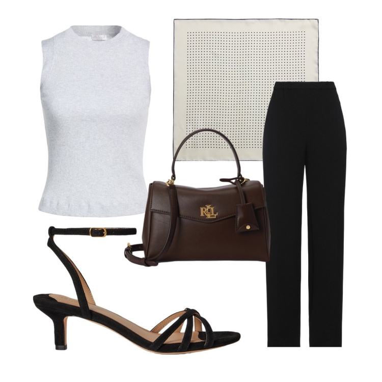 Outfit donna - Sandali in camoscio per il look curvy. Stile Basic per Tutti i giorni. Abbinamento con pantaloni, top, foulard, sandali col tacco, borse a mano.