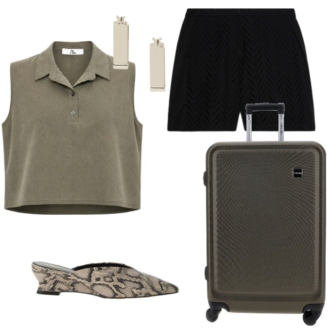 Outfit donna - Smart Casual - Airport Style. Stile Urban per Tutti i giorni. Abbinamento con top, sabot, shorts, orecchini, valigie.