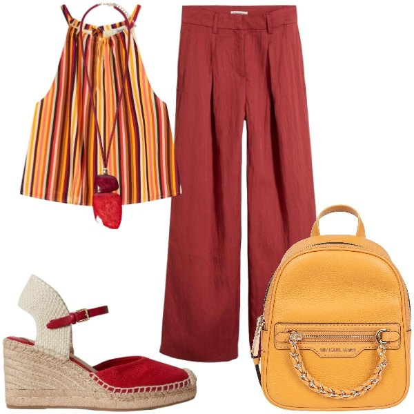 Outfit donna - Total look #2446692. Stile Glamour per Tutti i giorni. Abbinamento con zaini, pantaloni, top, ciondoli, zeppe.