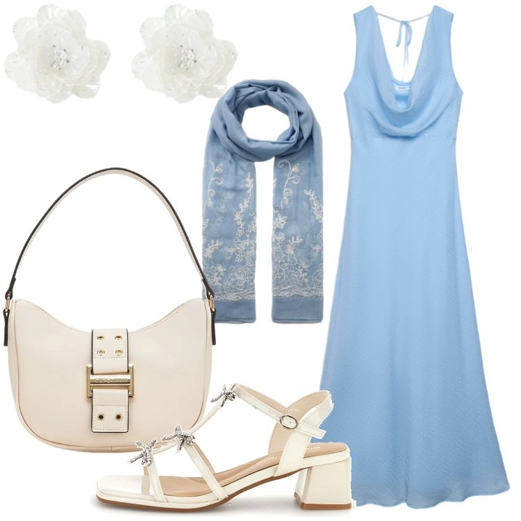 Outfit donna - Agosto: azzurro mare - @susystyle. Stile Romantica per Serata fuori. Abbinamento con vestiti lunghi, sciarpe, orecchini, sandali col tacco, borse a tracolla.