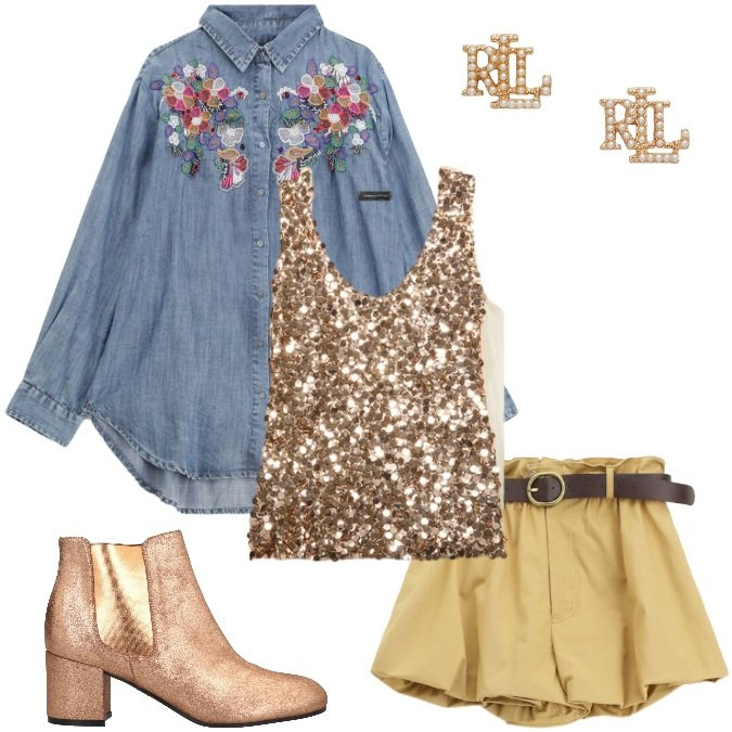 Outfit donna - Aperitivo in chiave Western Glam. Stile Casual chic per Cerimonia. Abbinamento con stivaletti chelsea, shorts, camicie, top, orecchini.