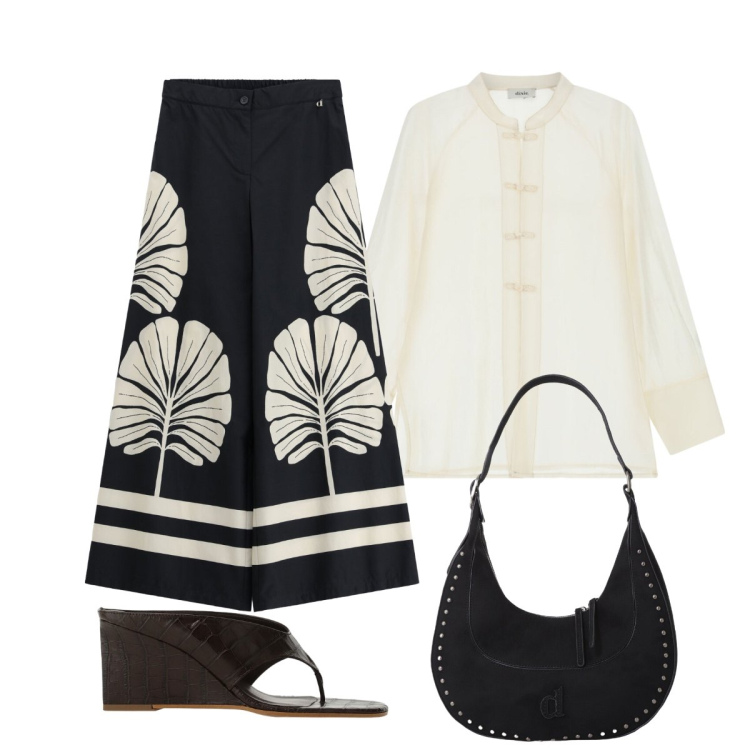 Outfit donna - Geometrie d’Oriente. Stile Etnico per Tutti i giorni. Abbinamento con pantaloni a palazzo, borse a spalla, camicie, sandali col tacco.