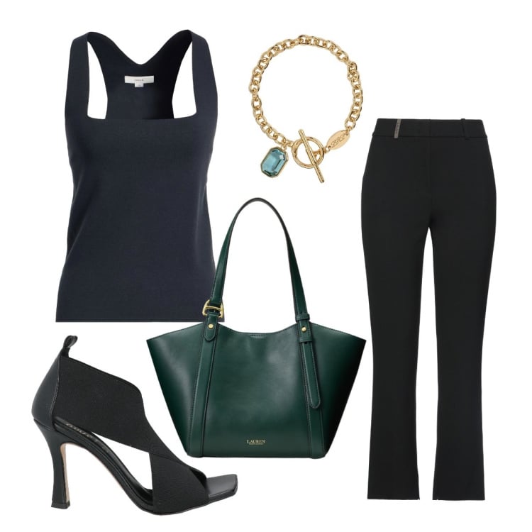 Outfit donna - Ufficio agosto. Stile Minimal per Ufficio. Abbinamento con sandali in pelle, pantaloni, top, borse tote, braccialetti.