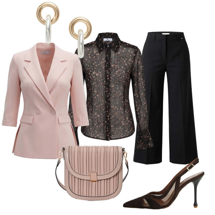 Outfit donna - Contrasti di colore. Stile Chic per Cerimonia. Abbinamento con camicie, blazer, pantaloni, décolleté, borse a tracolla, orecchini.