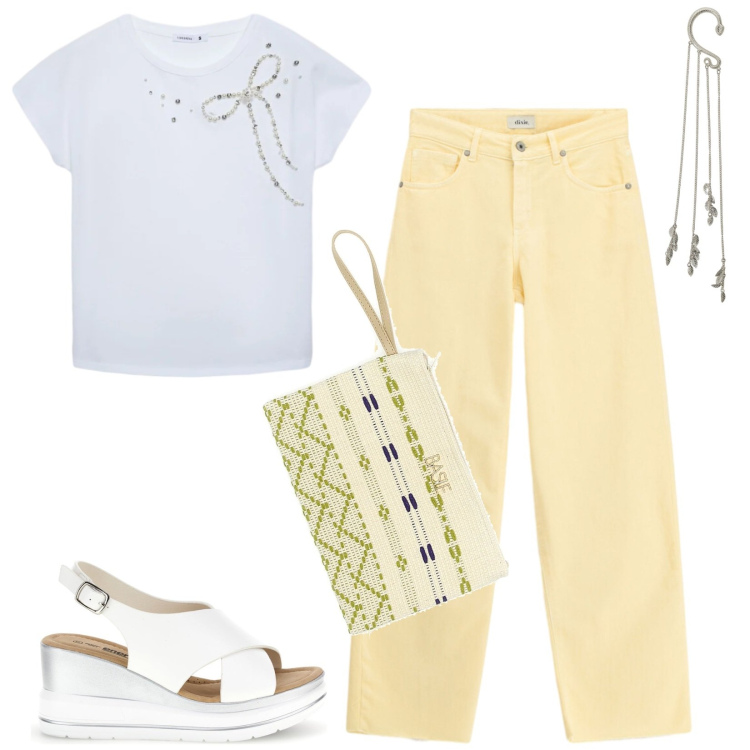 Outfit donna - Total look #2446703. Stile Casual per Tutti i giorni. Abbinamento con t-shirt, jeans, orecchini, zeppe, pochette.