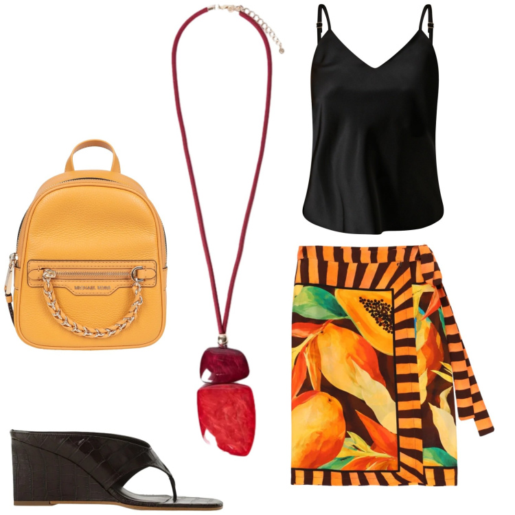 Outfit donna - Total look #2446705. Stile Casual chic per Tutti i giorni. Abbinamento con zaini, gonne longuette, sandali col tacco, top, ciondoli.