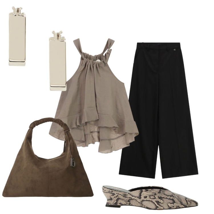 Outfit donna - Dixie per la serata. Stile Chic per Serata fuori. Abbinamento con borse a spalla, sabot, pantaloni a palazzo, top, orecchini.