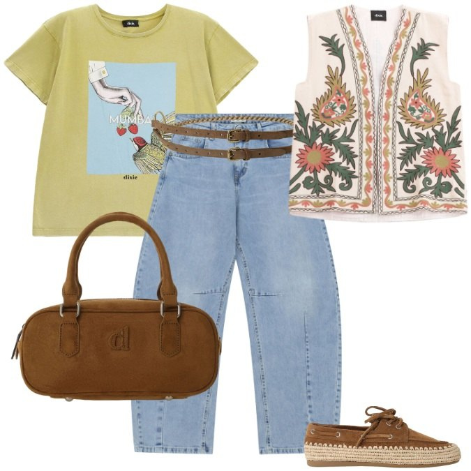 Outfit donna - Bohémienne in chiave moderna e urbana. Stile Boho per Tutti i giorni. Abbinamento con jeans, t-shirt, borse a mano, cinture, scarpe stringate, gilet.