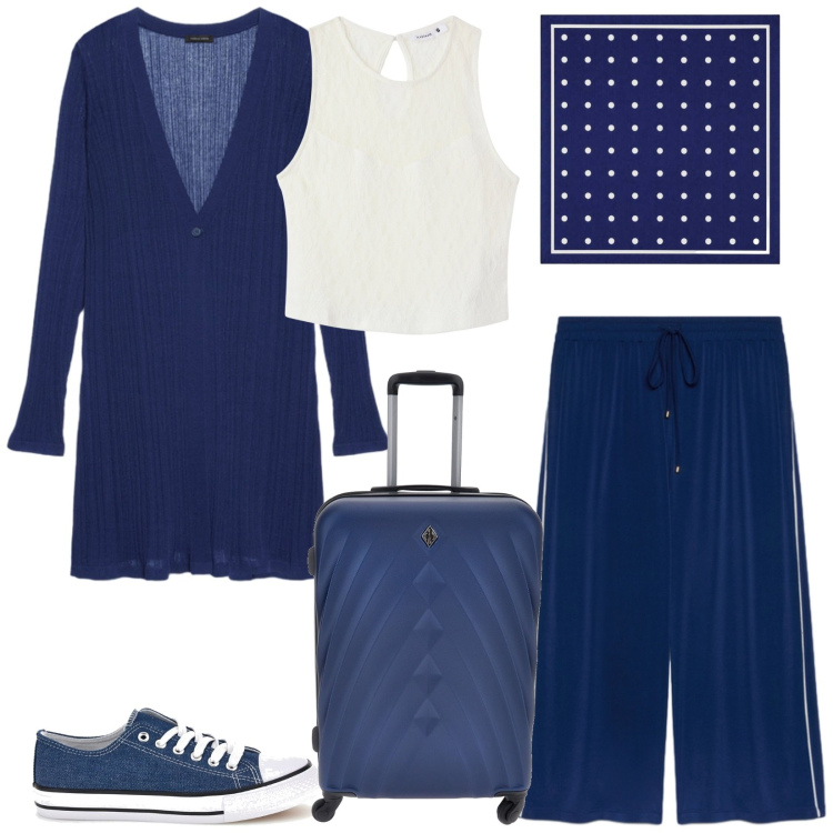 Outfit donna - Total look #2446709. Stile Casual chic per Tutti i giorni. Abbinamento con top, foulard, pantaloni, blazer, valigie, sneakers.