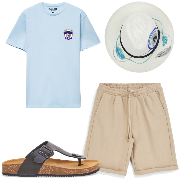 Outfit uomo - Total look #2446711. Stile Trendy per Mare. Abbinamento con t-shirt, sandali, bermuda, cappelli.