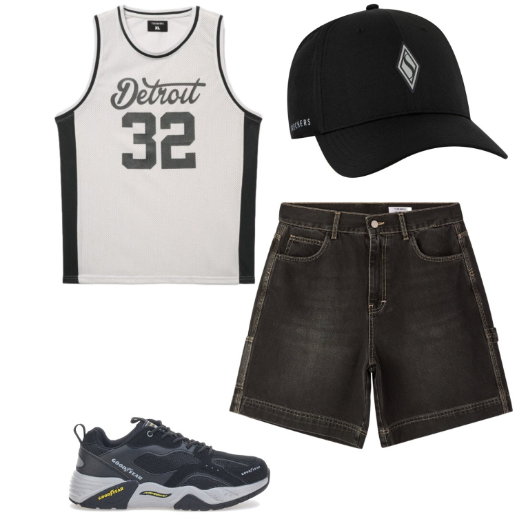 Outfit uomo - Total look #2446721. Stile Urban per Sport. Abbinamento con bermuda, canottiere, cappelli con visiera, sneakers.