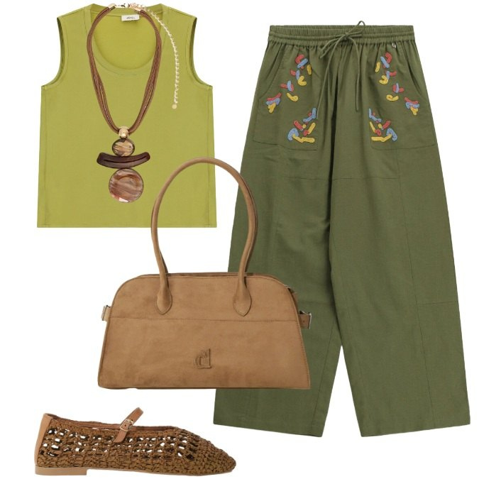 Outfit donna - E\' Boho... sì, ma chic!. Stile Boho per Tutti i giorni. Abbinamento con pantaloni a palazzo, top, borse a spalla, ballerine, ciondoli.