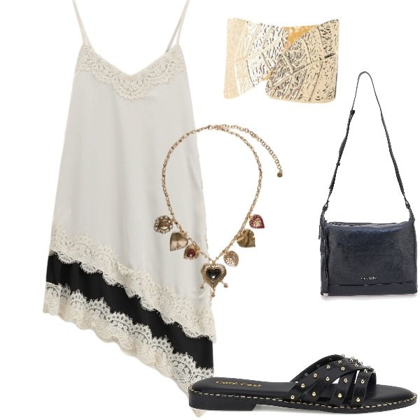 Outfit donna - sere d estate. Stile Casual chic per Serata fuori. Abbinamento con braccialetti, vestiti midi/longuette, collane, borse a tracolla, ciabatte.