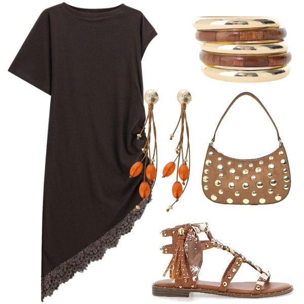 Outfit donna - Serata tra amici. Stile Casual per Serata fuori. Abbinamento con borse a tracolla, braccialetti, orecchini, vestiti corti, sandali.