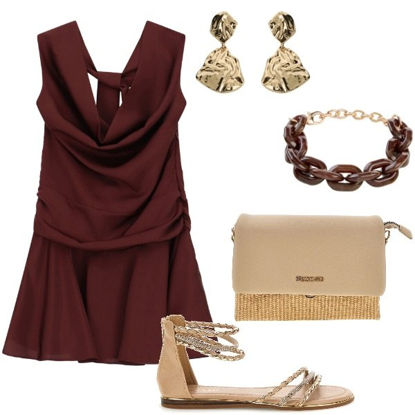 Outfit donna - Serata tra amici. Stile Casual chic per Serata fuori. Abbinamento con braccialetti, vestiti corti, orecchini, borse a spalla, sandali.