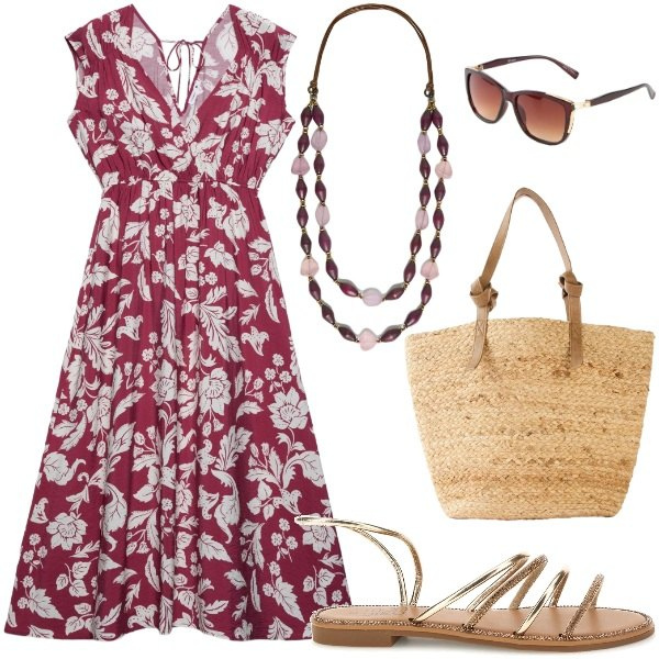 Outfit donna - Estate. Stile Casual per Tutti i giorni. Abbinamento con shopping bag, occhiali da sole, vestiti midi/longuette, collane, sandali.