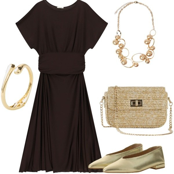 Outfit donna - A cena fuori. Stile Casual chic per Serata fuori. Abbinamento con braccialetti, borse a tracolla, ballerine, vestiti lunghi, collane.