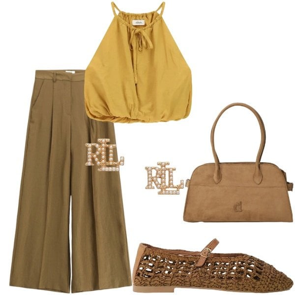 Outfit donna - Estate. Stile Casual chic per Tutti i giorni. Abbinamento con borse a spalla, pantaloni a palazzo, ballerine, top, orecchini.